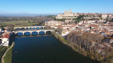 Aerial-drone-view-of-Beziers-Orb-river-and-bridges